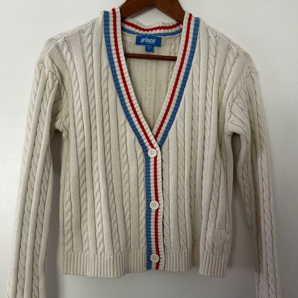 Cream Cableknit Cardigan with Blue and Red Trim
